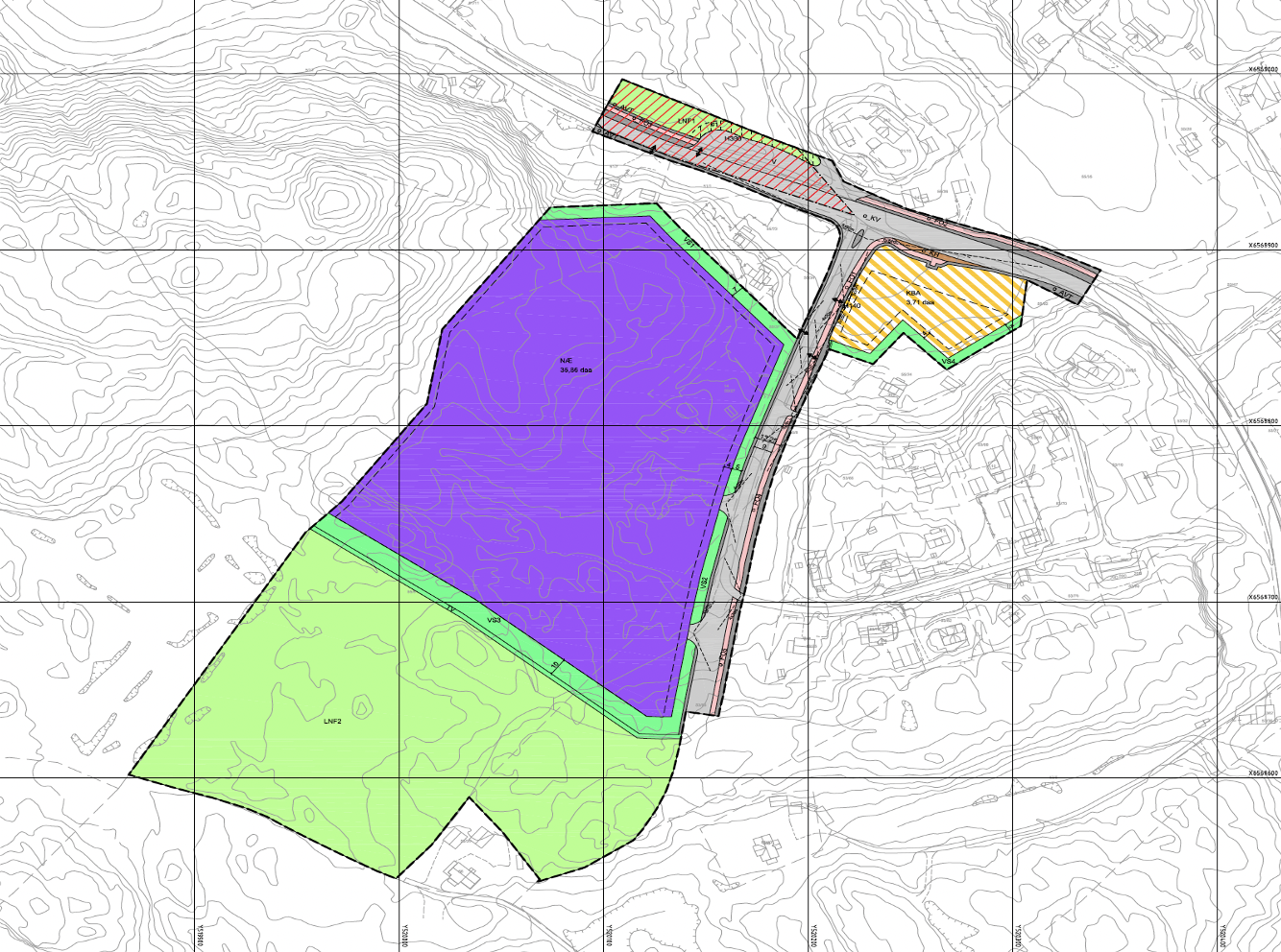 Topographic site plan showing color‑coded zones (purple, green, yellow) and a curved road network with boundary lines for zoning.
