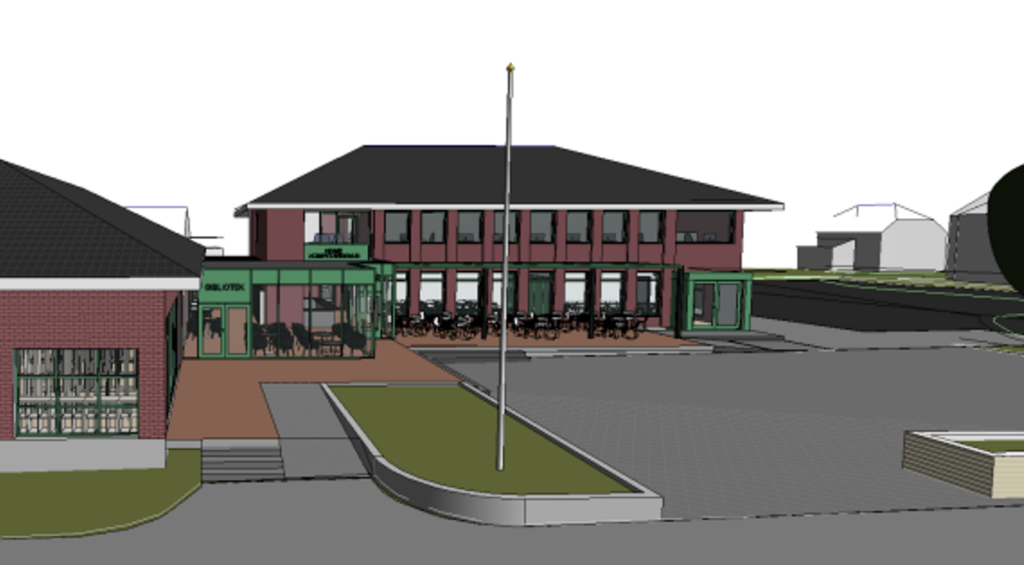 Render of a brick two-story street building with green awnings, outdoor seating, and a tall flagpole in front, in an urban plaza setting.