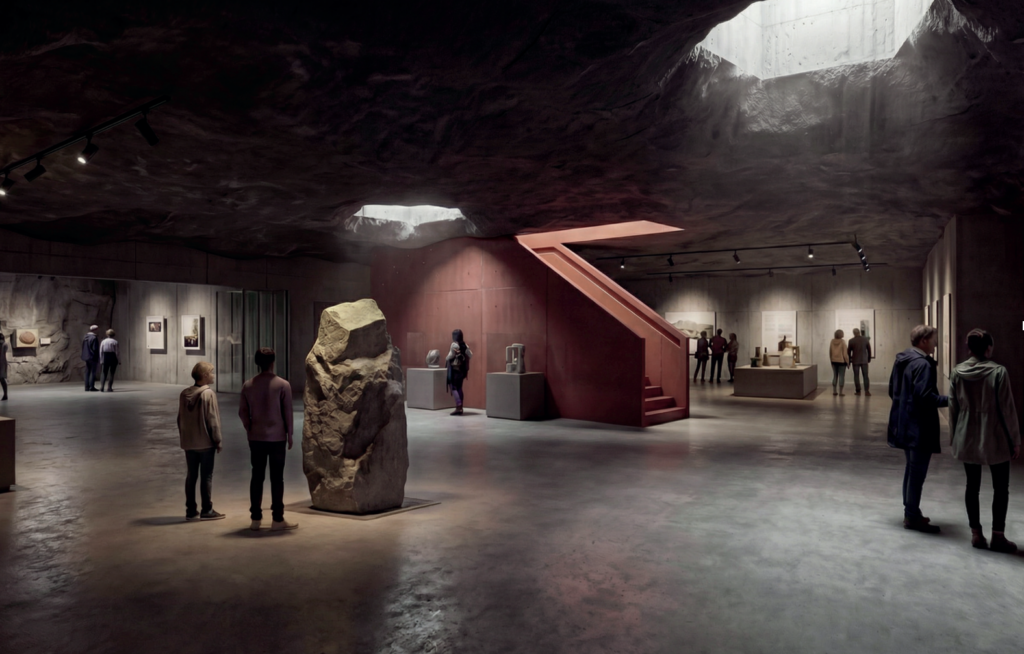 Museum gallery inside a cave-like space with a red staircase, large rock sculpture, and visitors viewing displays.