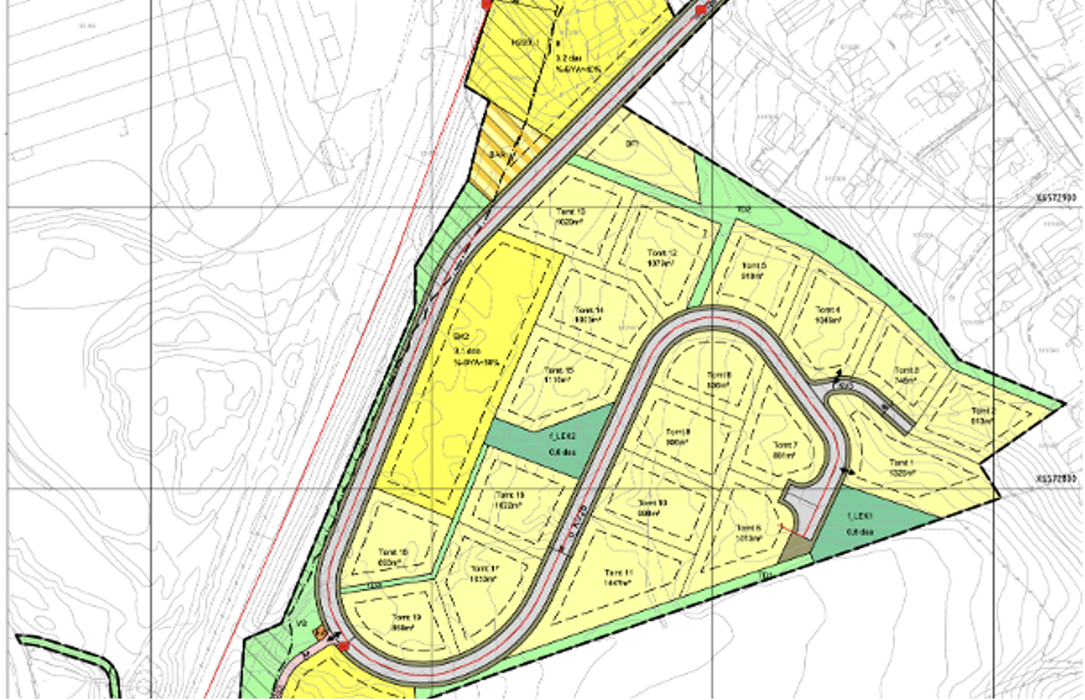 Color-coded site plan showing subdivided lots, roads, and green spaces around a curved road for a development project.
